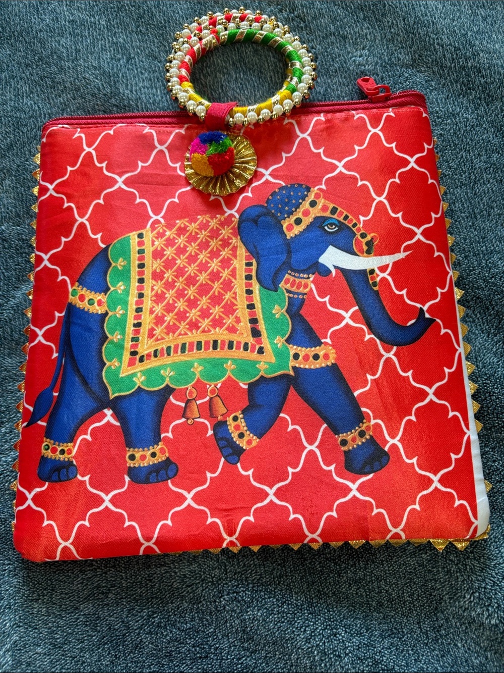 Vibrant Red Elephant-Print Wristlet Clutch with Beaded Handle